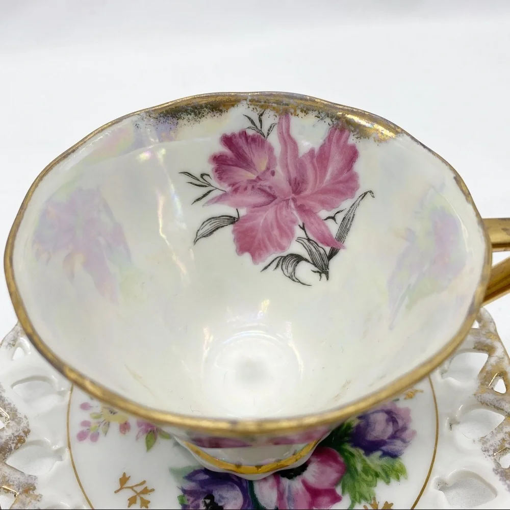 Vintage 1950's Royal Sealy Pink Daffodil Iridescent Porcelain Tea Cup & Saucer